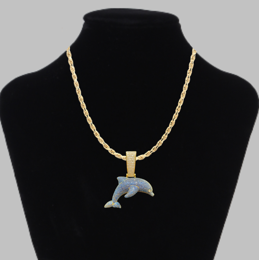 Dolphin Two Tone Iced Out Diamond Pendant Necklace
