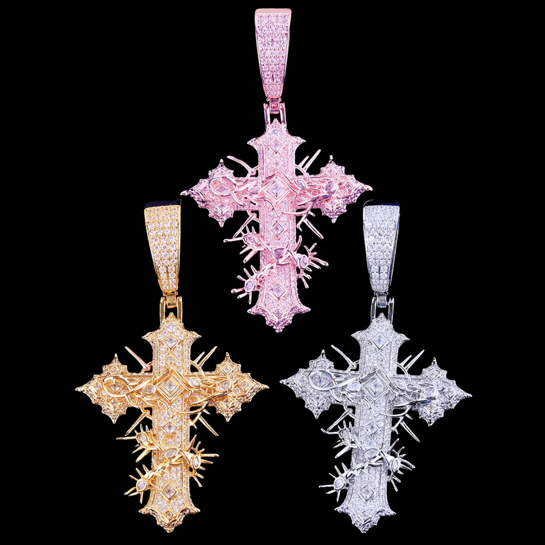 Thorned Frost Cross Iced Out Diamond Pendant Necklace