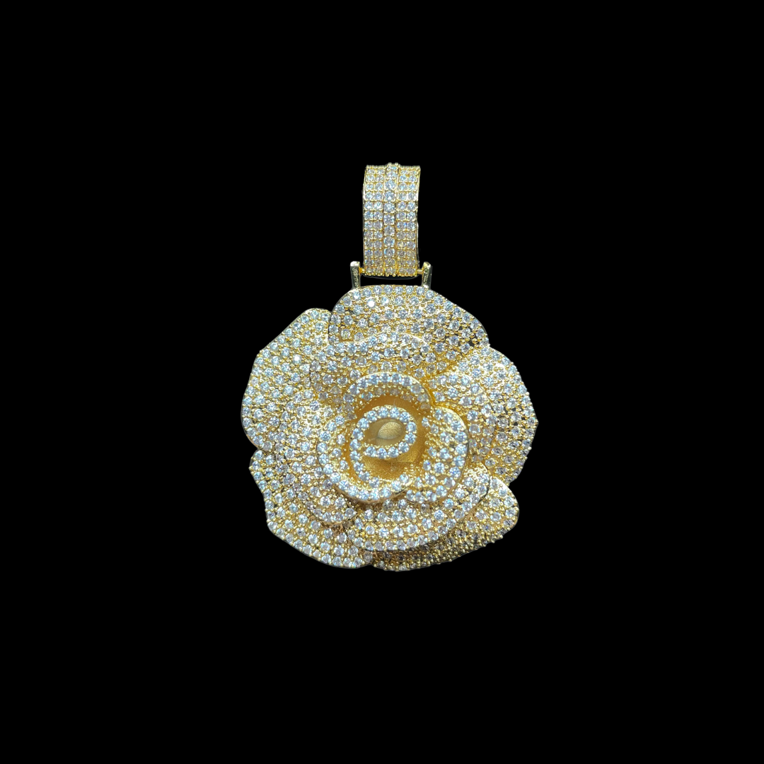 Rose Flower Iced Out Diamond Pendant Necklace