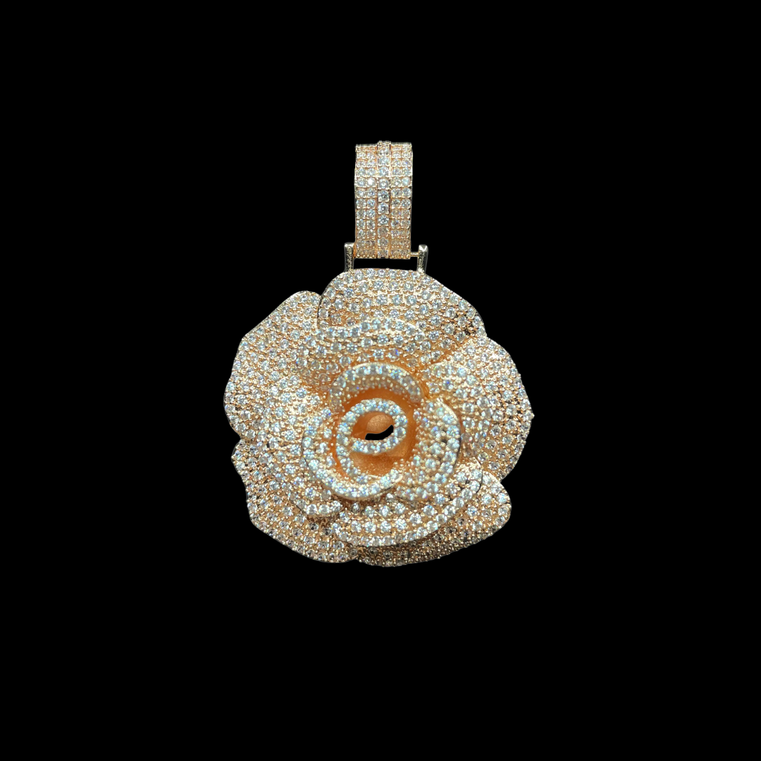Rose Flower Iced Out Diamond Pendant Necklace