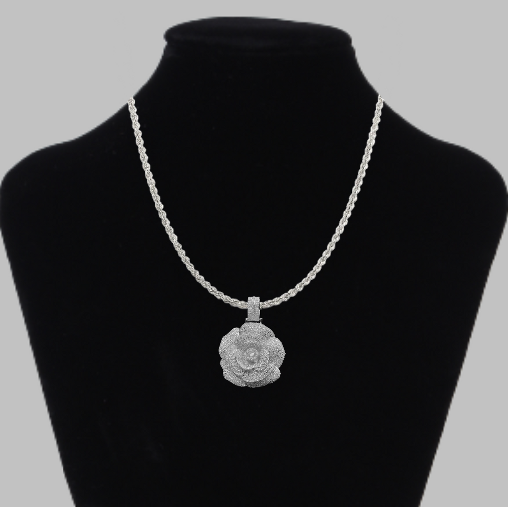 Rose Flower Iced Out Diamond Pendant Necklace