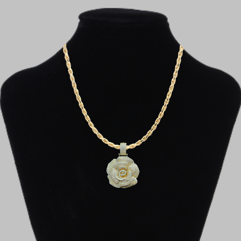 Rose Flower Iced Out Diamond Pendant Necklace