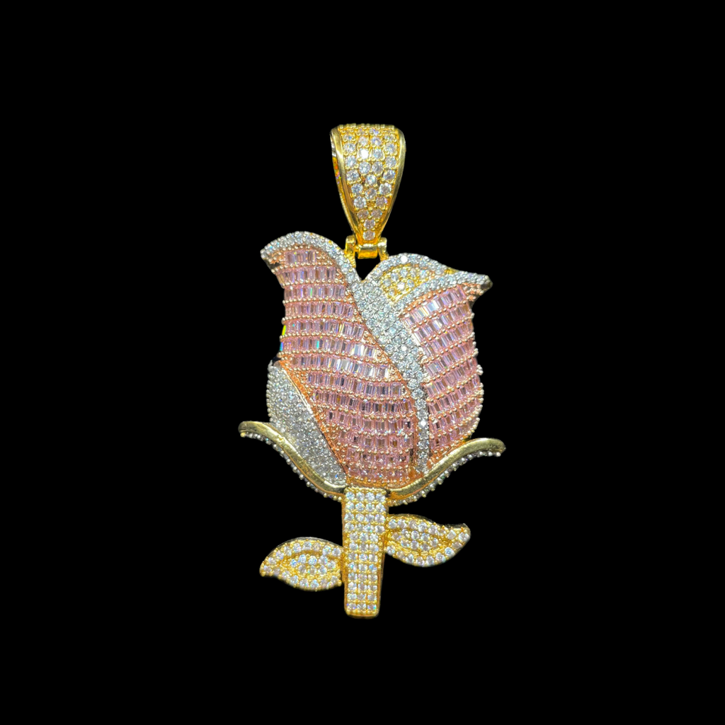 Rose Flower Fully Detailed Elegant Iced Out Diamond Pendant Necklace