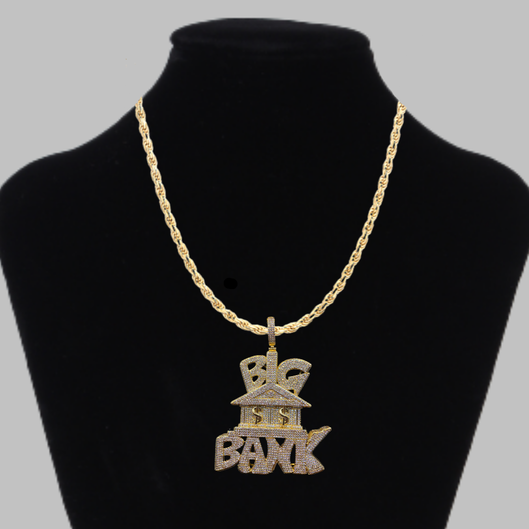 Big Bank with Dollar Signs Iced Out Letter Diamond Pendant Necklace