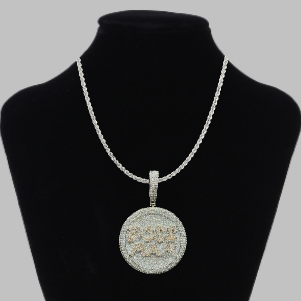 Boss Man Two Tone Round Iced Out Letter Diamond Pendant Necklace