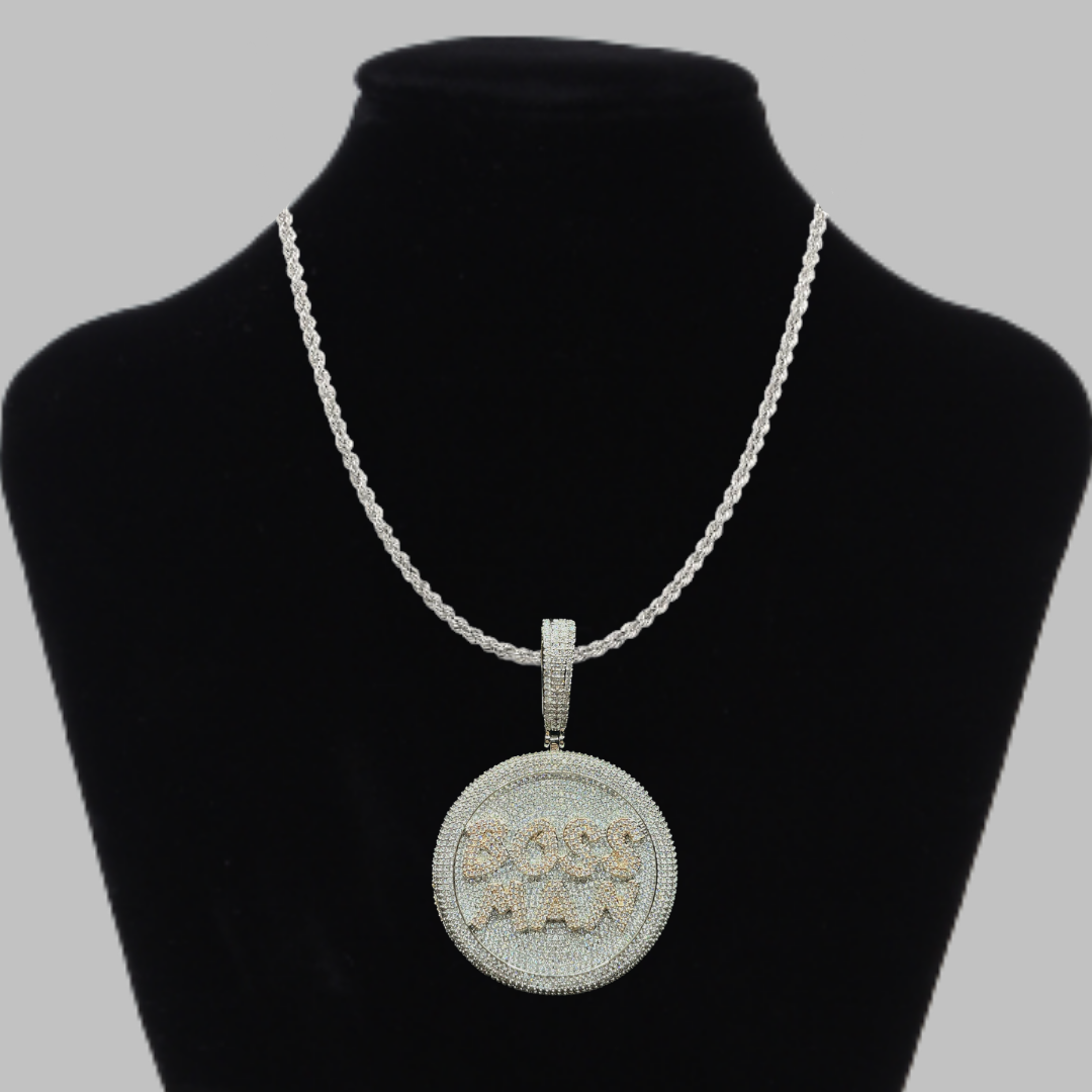 Boss Man Two Tone Round Iced Out Letter Diamond Pendant Necklace