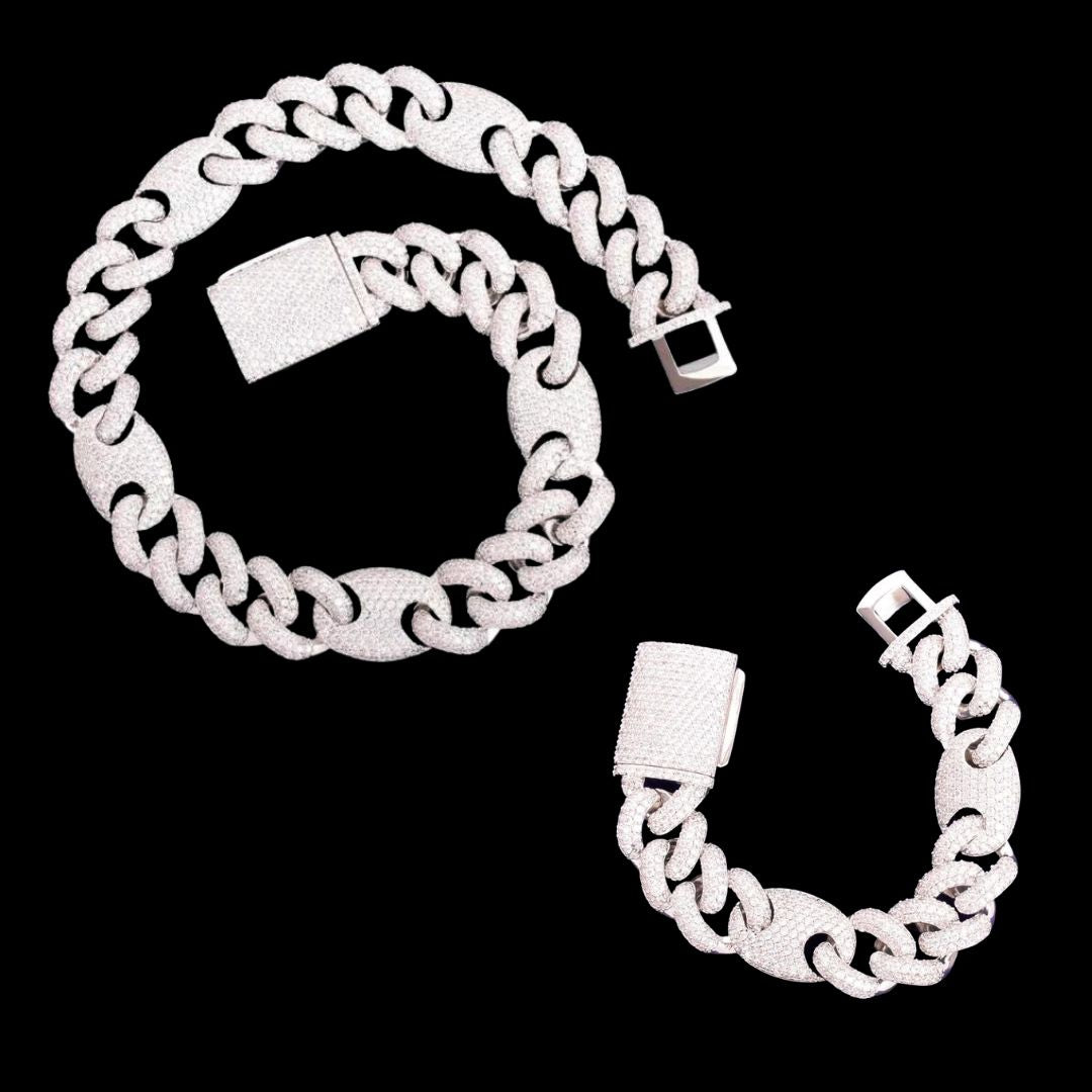 18MM Bean and Links Cuban Iced Out Diamond Necklace Bracelet Set
