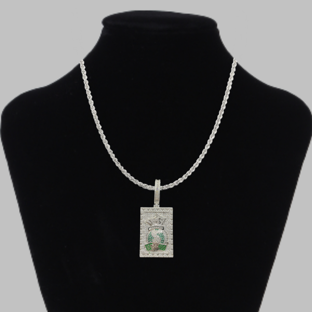 Money Bag with 100's Iced Out Letter Diamond Pendant Necklace