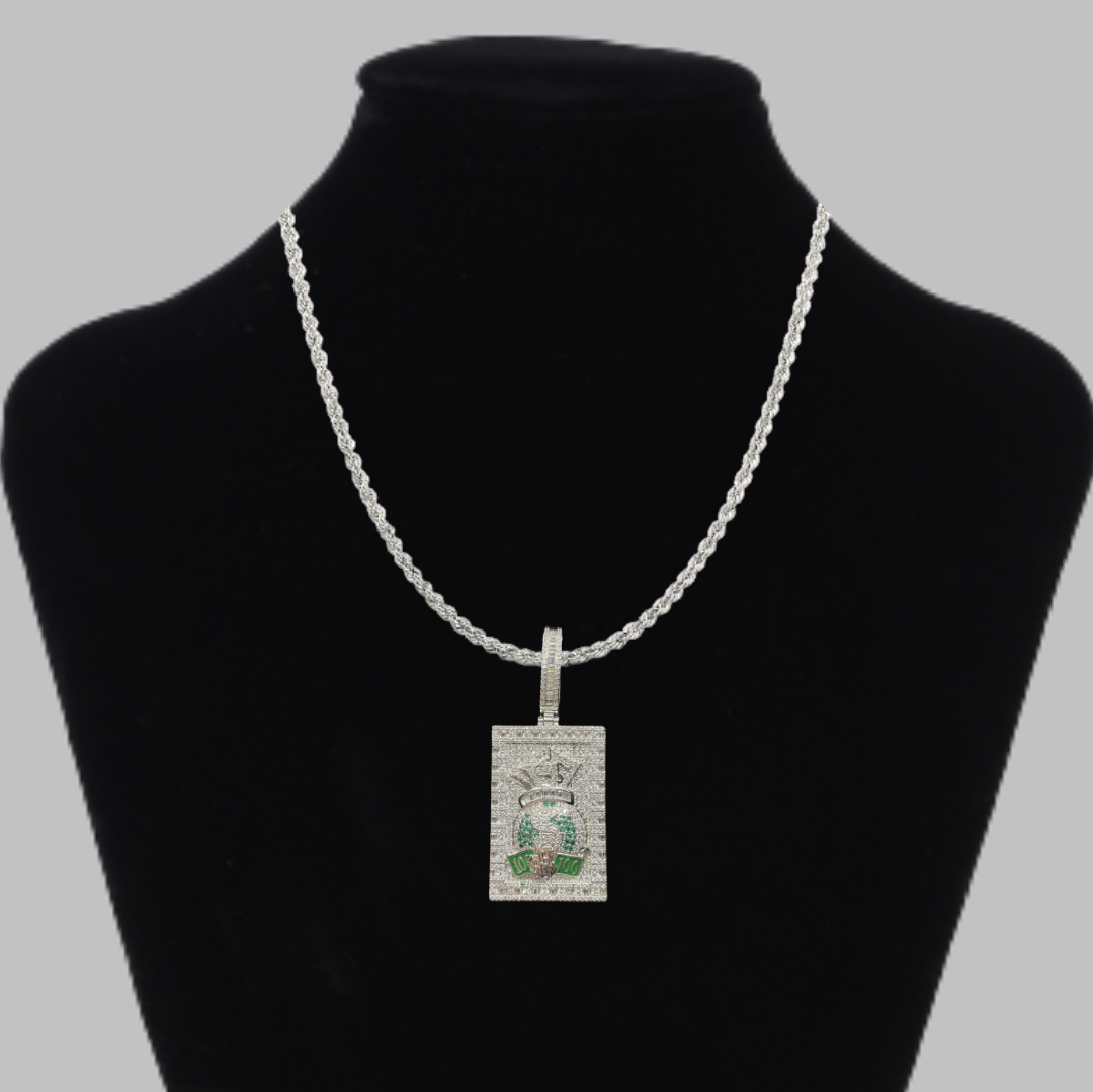 Money Bag with 100's Iced Out Letter Diamond Pendant Necklace