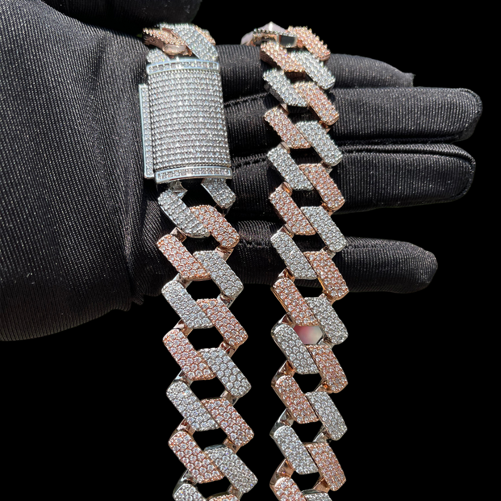 20MM Solid Duo Rose Iced Out Diamond Necklace Bracelet Set