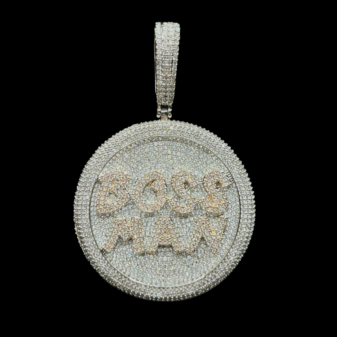 Boss Man Two Tone Round Iced Out Letter Diamond Pendant Necklace