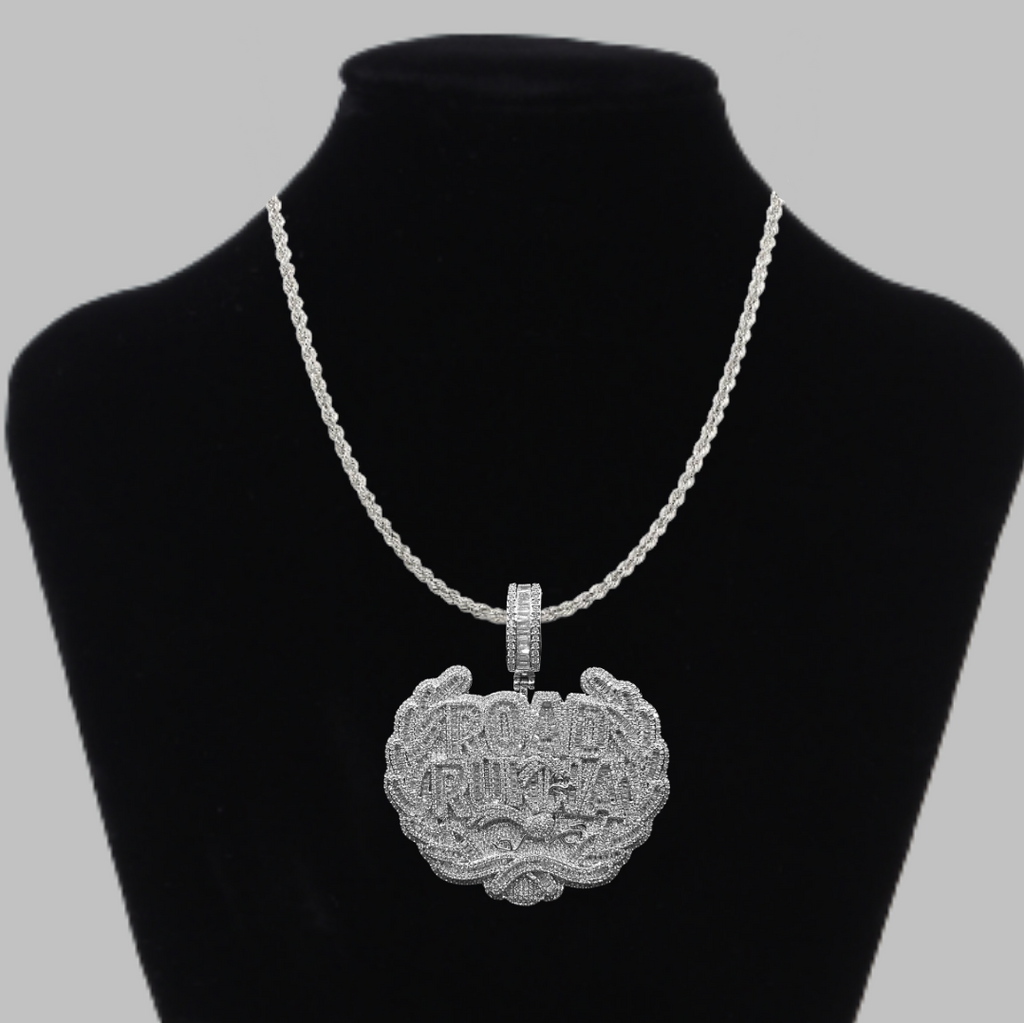 Road Runna Two Tone Badge Iced Out Letter Diamond Pendant Necklace