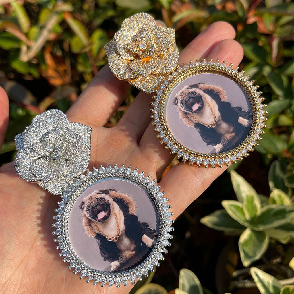 Rose Flower Bail Round Tennis Custom Photo Picture Pendant Necklace