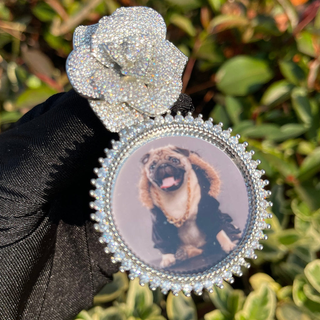 Rose Flower Bail Round Tennis Custom Photo Picture Pendant Necklace