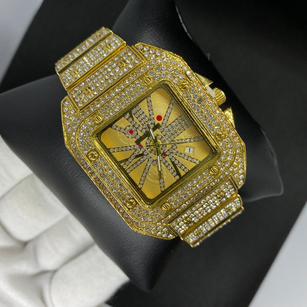 Square Special Red Dial Date Iced Out Diamond Watch