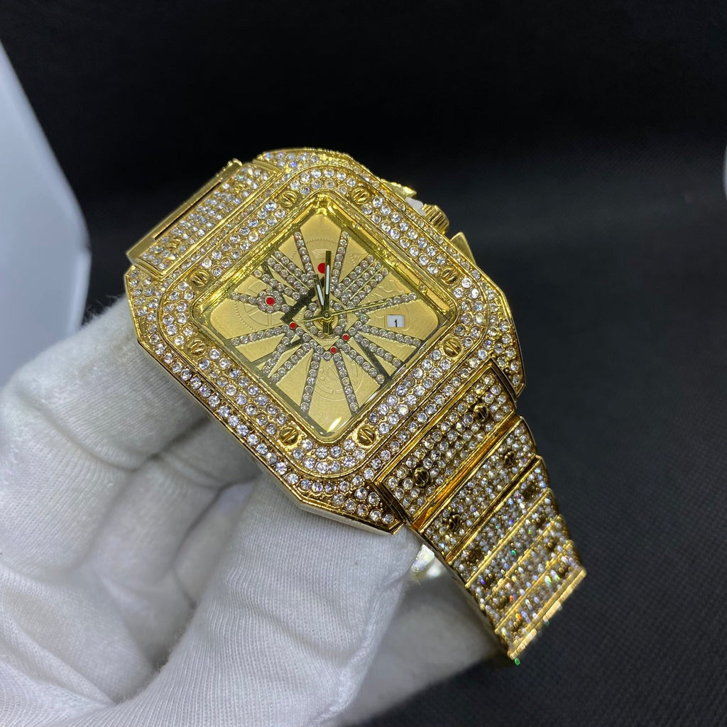 Square Special Red Dial Date Iced Out Diamond Watch