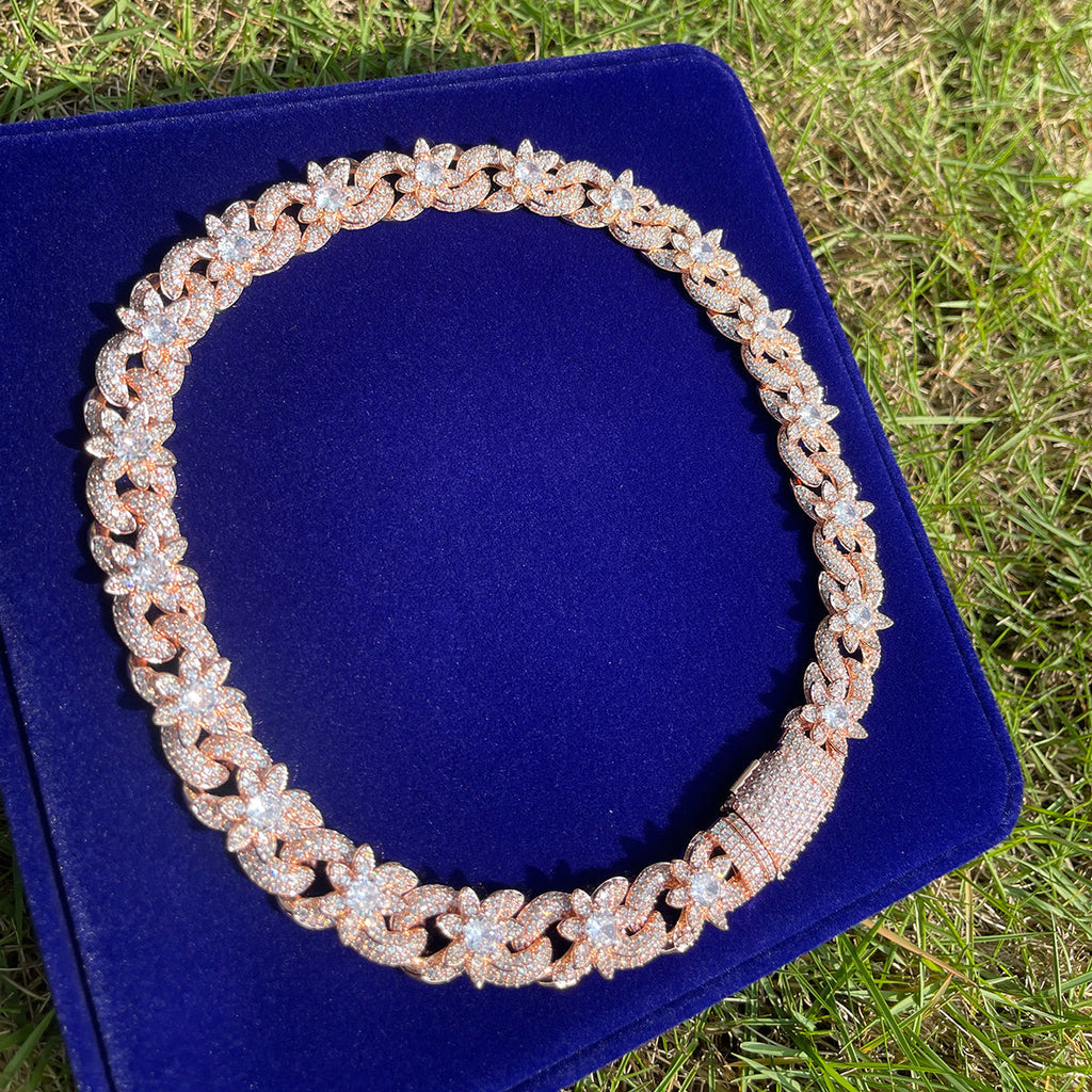 18MM Flower Cuban Iced Out Diamond Necklace Chain