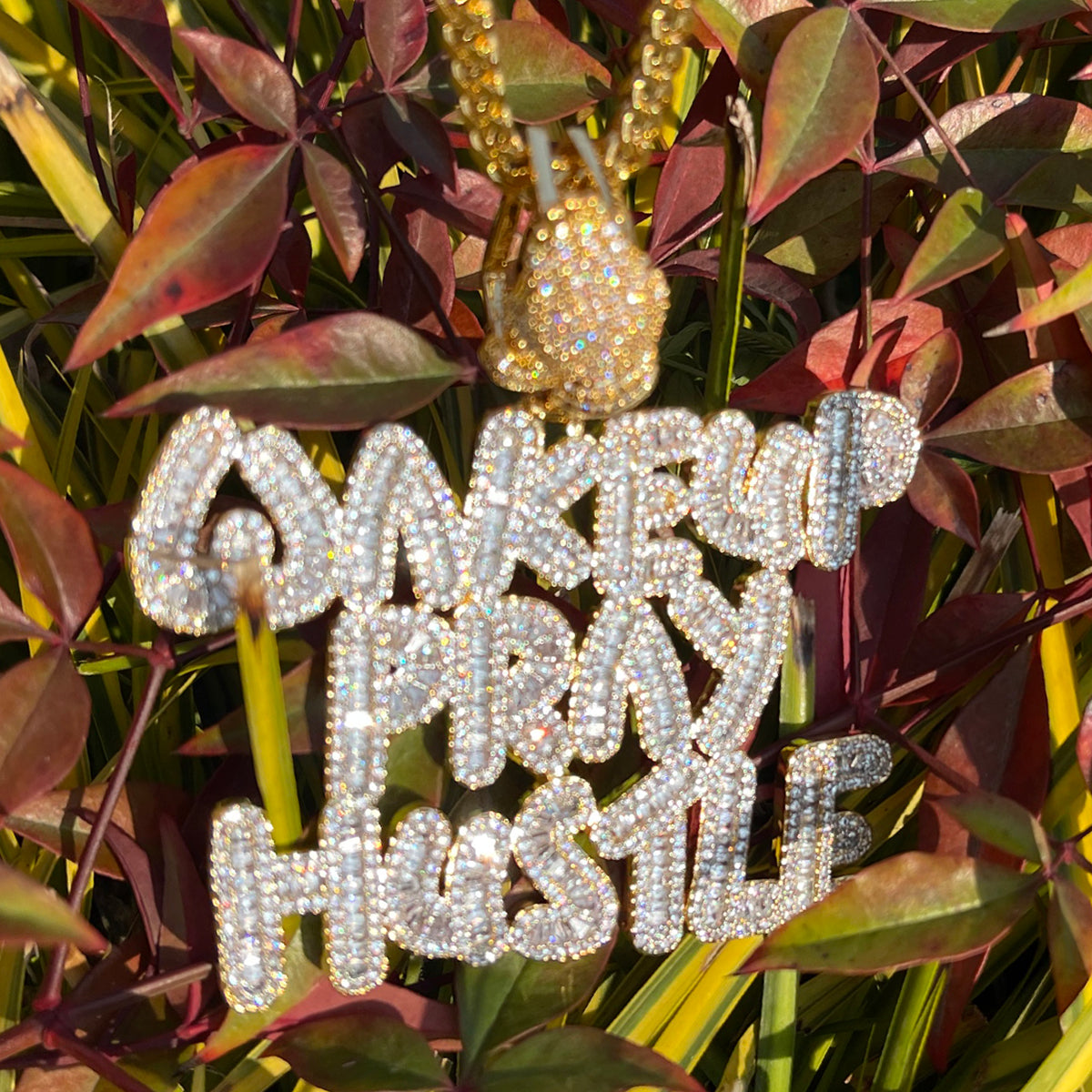 Wake Up Pray Hustle Iced Out Diamond Pendant Necklace