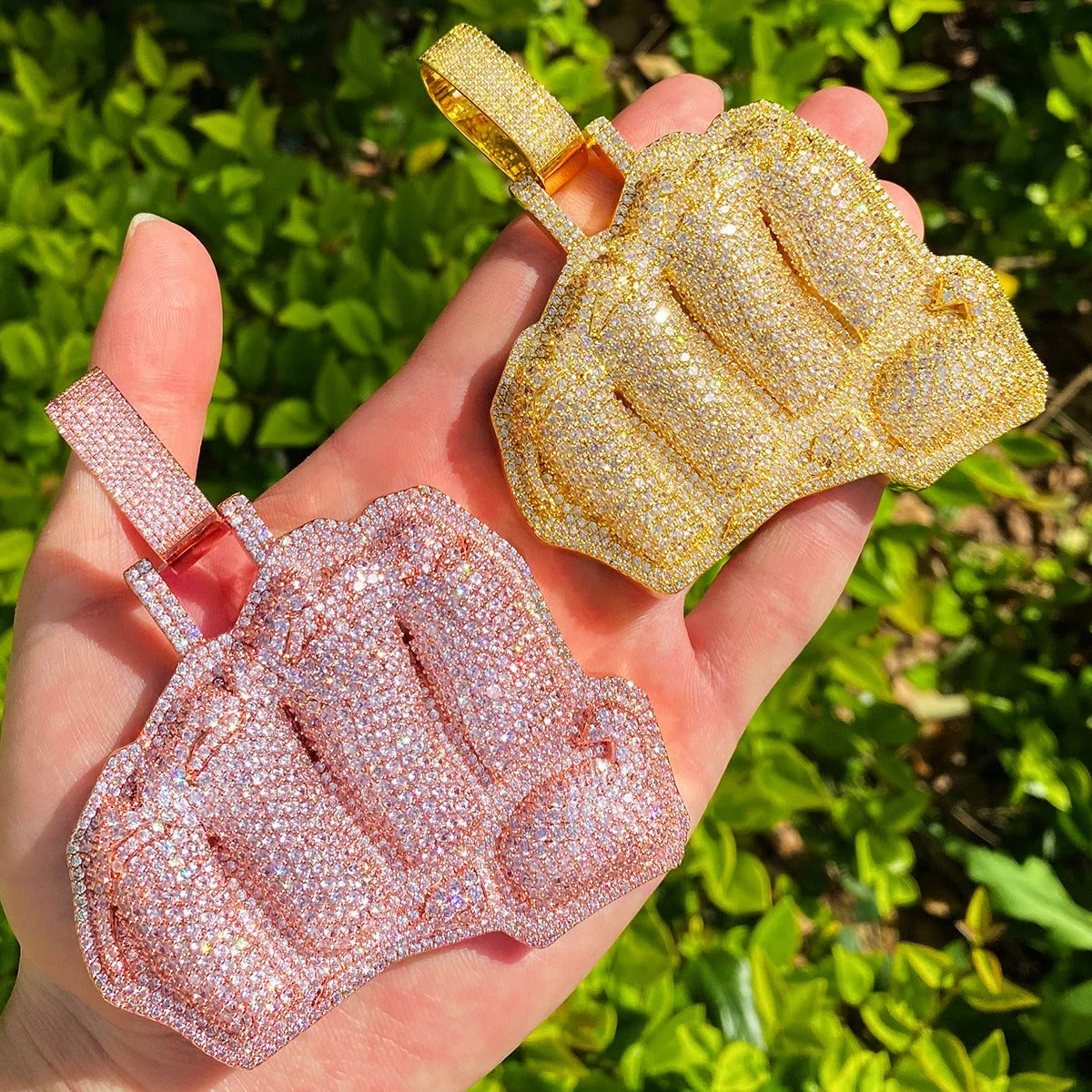 Two Layer Fist Iced Out Diamond Pendant Necklace