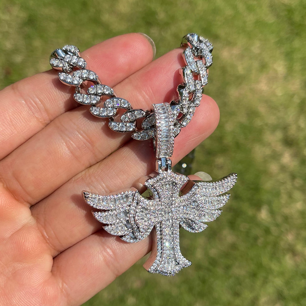 Cross Angel Wing Baguette Iced Out Diamond Pendant Necklace