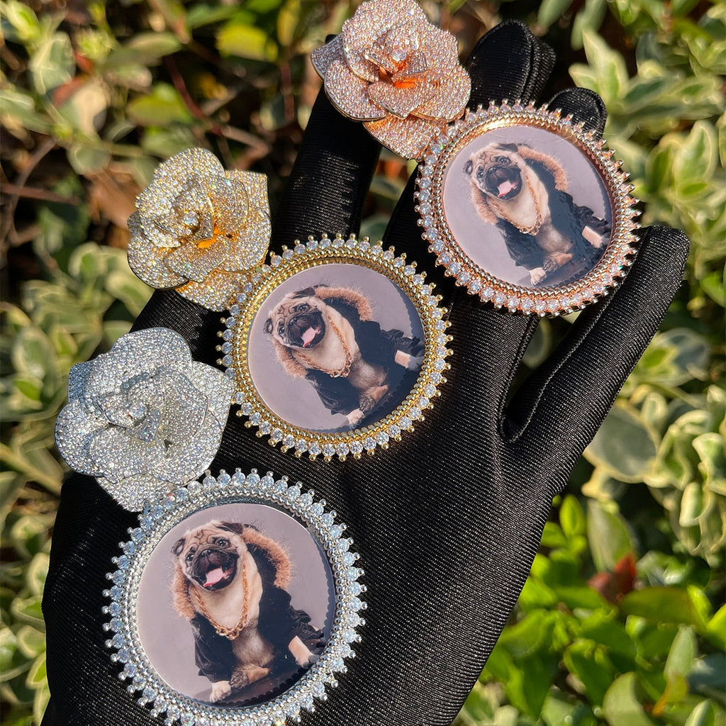 Rose Flower Bail Round Tennis Custom Photo Picture Pendant Necklace